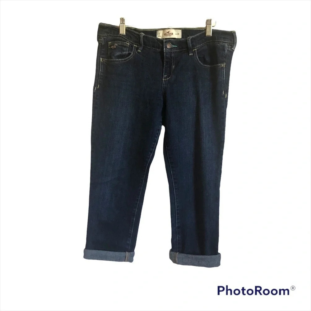 💐Hollister Social Stretch Jeans 28 Roll Cuff Cropped Dark Blue